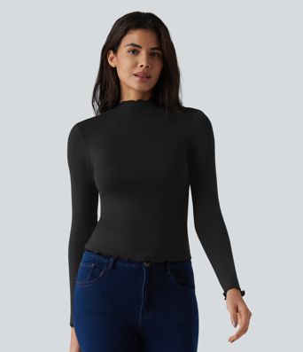 Halara HeatCore Mock-neck Long Sleeve Lettuce Trim Casual Warming Top Halara HeatCore Mock-neck Long Sleeve Lettuce Trim Casual Warming Top