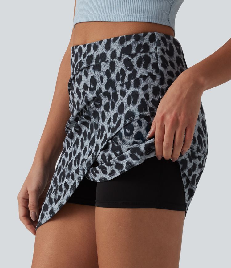 Jupe mini casual tulipe 2-en-1 taille haute ventre plat, froncée en tissu gaufré imprimé léopard