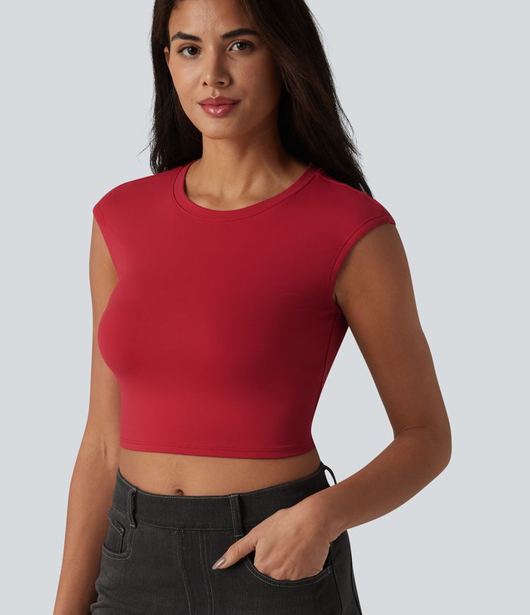 Round Neck Cap Sleeve Cropped Casual T-Shirt Round Neck Cap Sleeve Cropped Casual T-Shirt