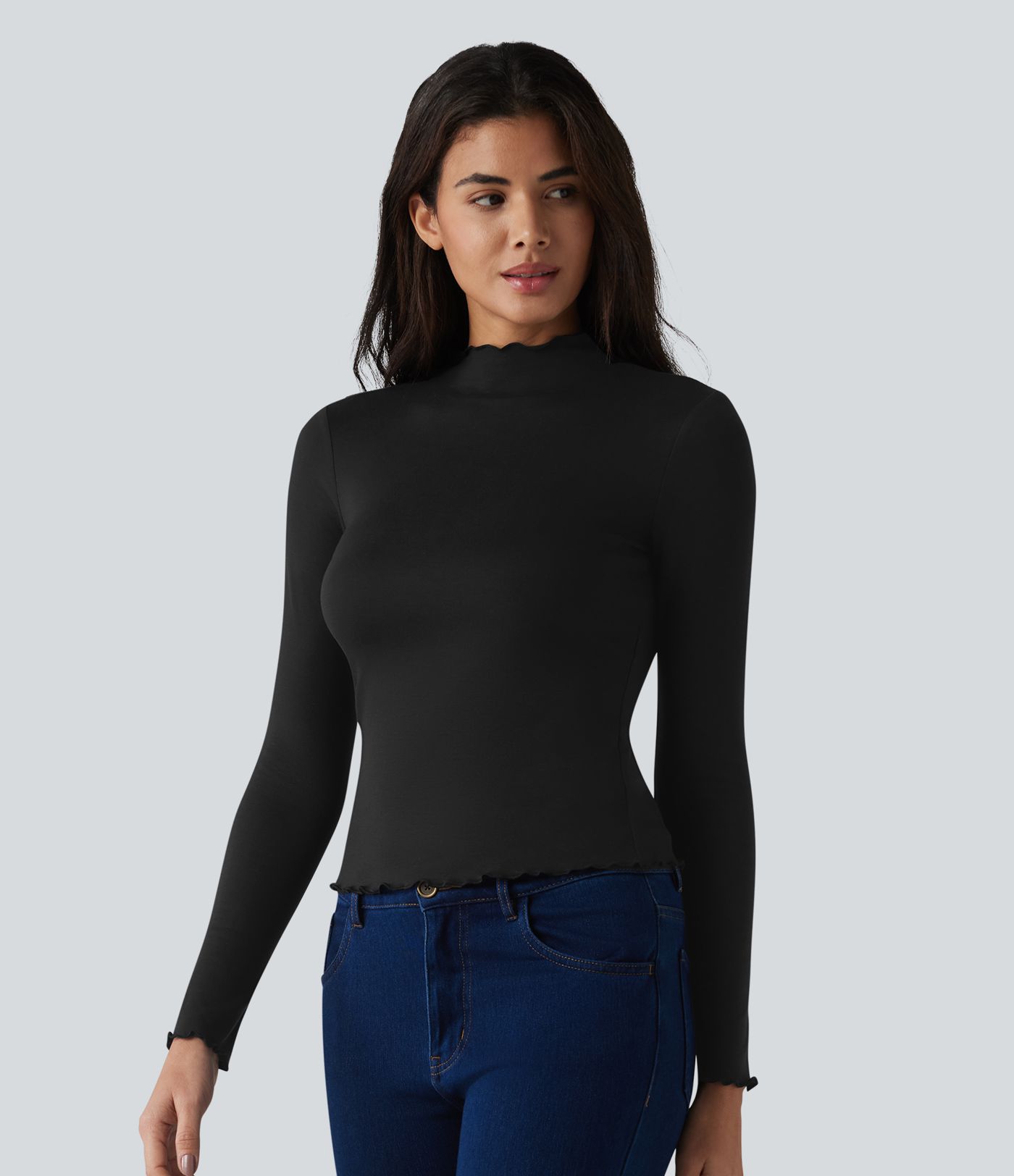 Halara HeatCore Mock-neck Long Sleeve Lettuce Trim Casual Warming Top Halara HeatCore Mock-neck Long Sleeve Lettuce Trim Casual Warming Top