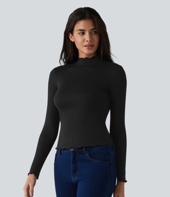Halara HeatCore Mock-neck Long Sleeve Lettuce Trim Casual Warming Top Halara HeatCore Mock-neck Long Sleeve Lettuce Trim Casual Warming Top