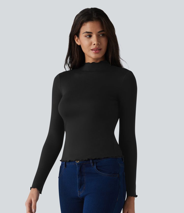 Halara HeatCore Mock-neck Long Sleeve Lettuce Trim Casual Warming Top Halara HeatCore Mock-neck Long Sleeve Lettuce Trim Casual Warming Top