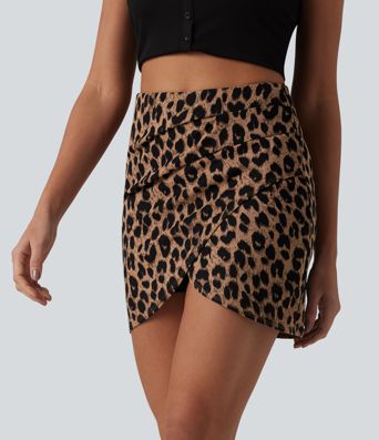 High Waisted Tummy Control Ruched 2-in-1 Mini Leopard Print Waffle Casual Tulip Skirt
