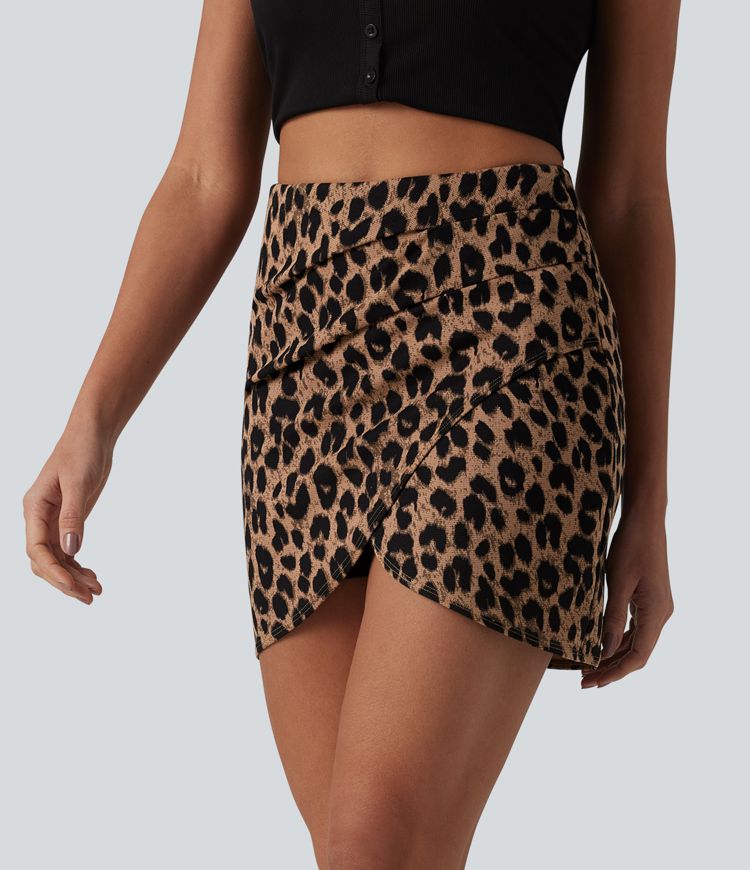 High Waisted Tummy Control Ruched 2-in-1 Mini Leopard Print Waffle Casual Tulip Skirt