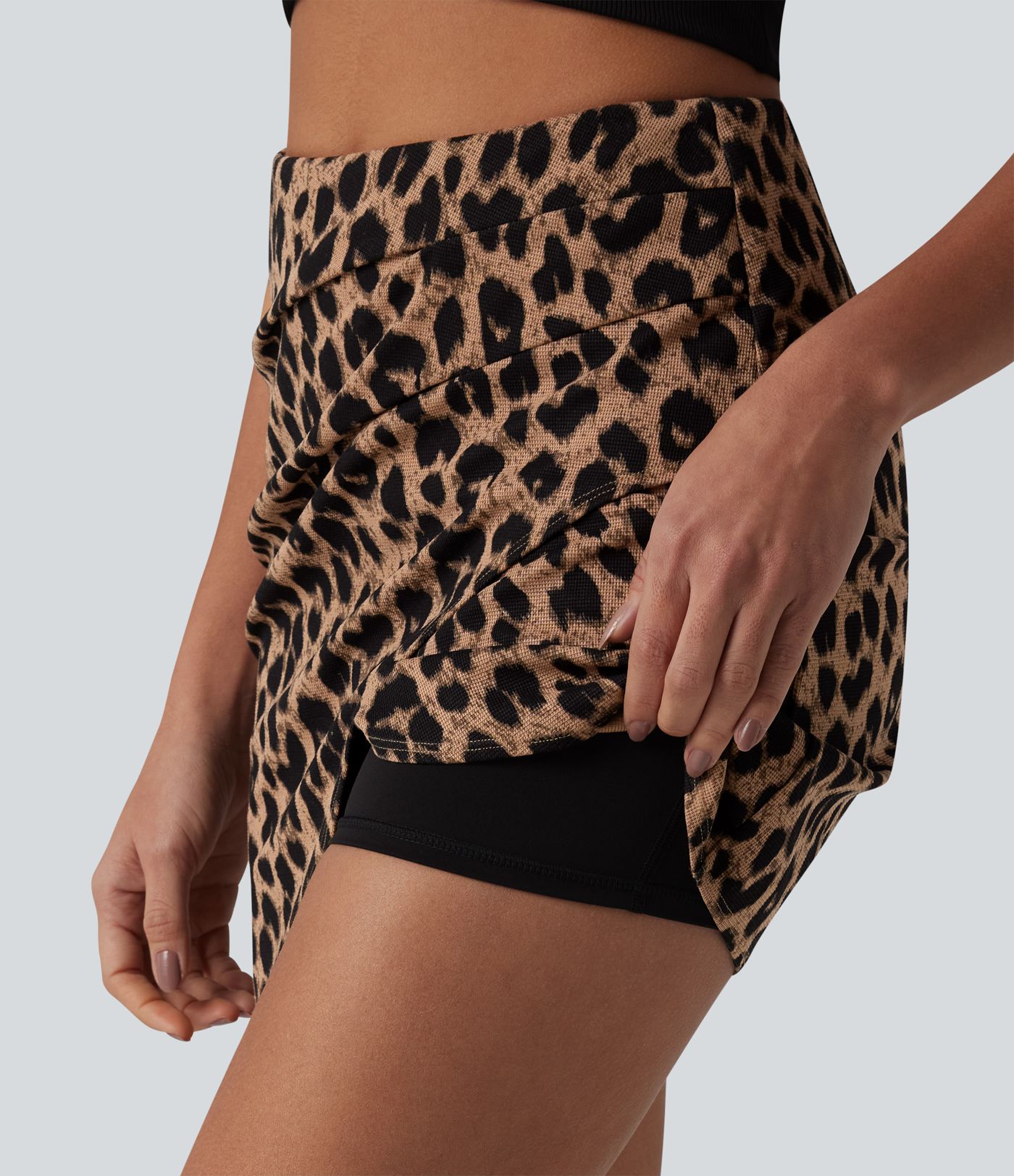 High Waisted Tummy Control Ruched 2-in-1 Mini Leopard Print Waffle Casual Tulip Skirt