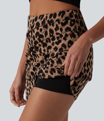 High Waisted Tummy Control Ruched 2-in-1 Mini Leopard Print Waffle Casual Tulip Skirt