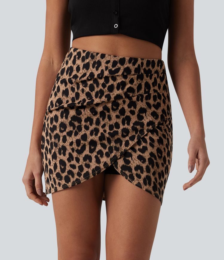 High Waisted Tummy Control Ruched 2-in-1 Mini Leopard Print Waffle Casual Tulip Skirt