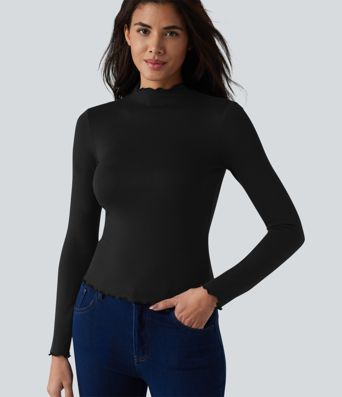 Halara HeatCore Mock-neck Long Sleeve Lettuce Trim Casual Warming Top Halara HeatCore Mock-neck Long Sleeve Lettuce Trim Casual Warming Top