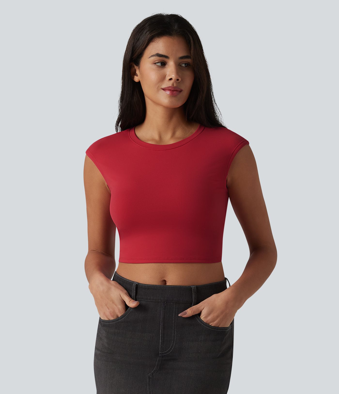 Round Neck Cap Sleeve Cropped Casual T-Shirt Round Neck Cap Sleeve Cropped Casual T-Shirt
