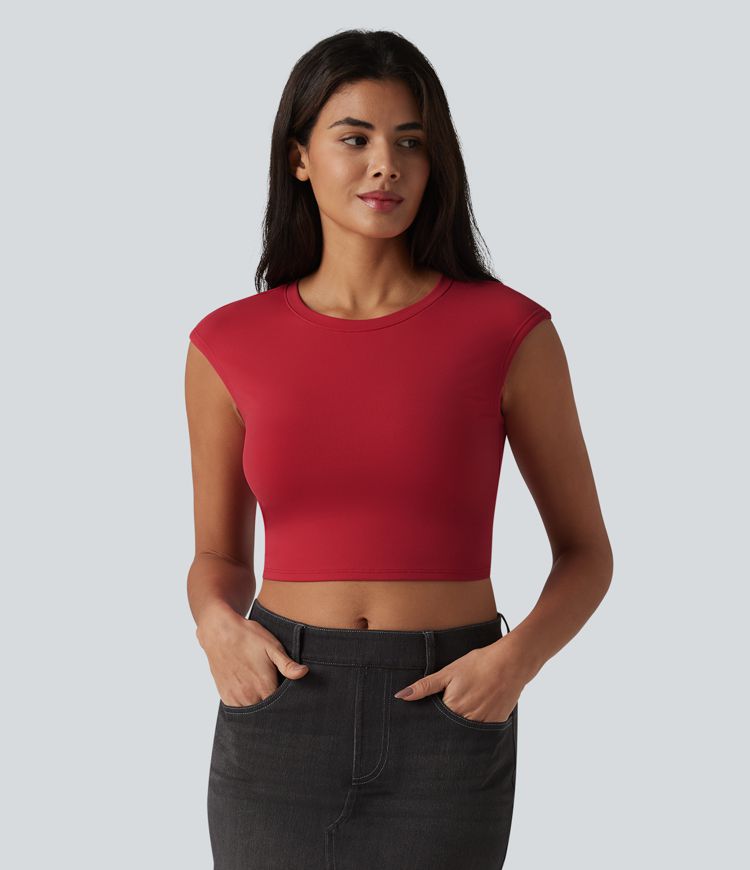 Round Neck Cap Sleeve Cropped Casual T-Shirt Round Neck Cap Sleeve Cropped Casual T-Shirt