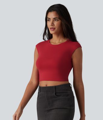 Round Neck Cap Sleeve Cropped Casual T-Shirt Round Neck Cap Sleeve Cropped Casual T-Shirt