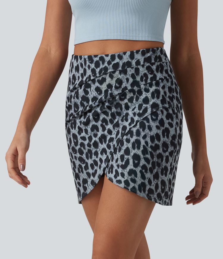 Jupe mini casual tulipe 2-en-1 taille haute ventre plat, froncée en tissu gaufré imprimé léopard