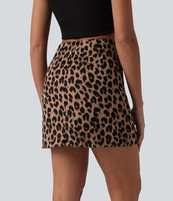 High Waisted Tummy Control Ruched 2-in-1 Mini Leopard Print Waffle Casual Tulip Skirt