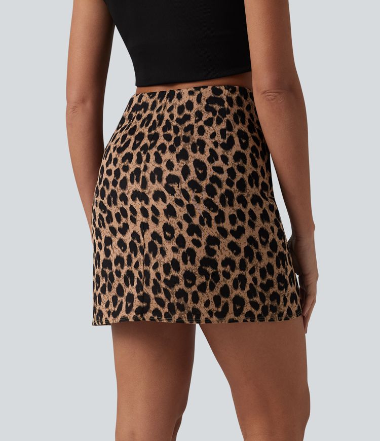 High Waisted Tummy Control Ruched 2-in-1 Mini Leopard Print Waffle Casual Tulip Skirt
