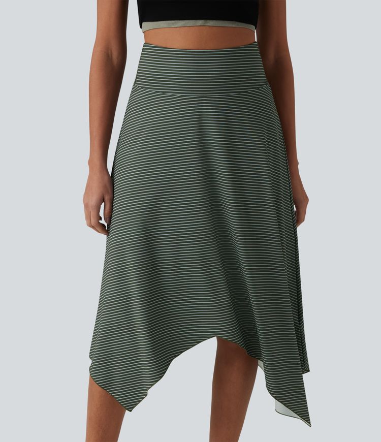 Jupe midi fluide casual taille haute à rayures et ourlet asymétrique mouchoir