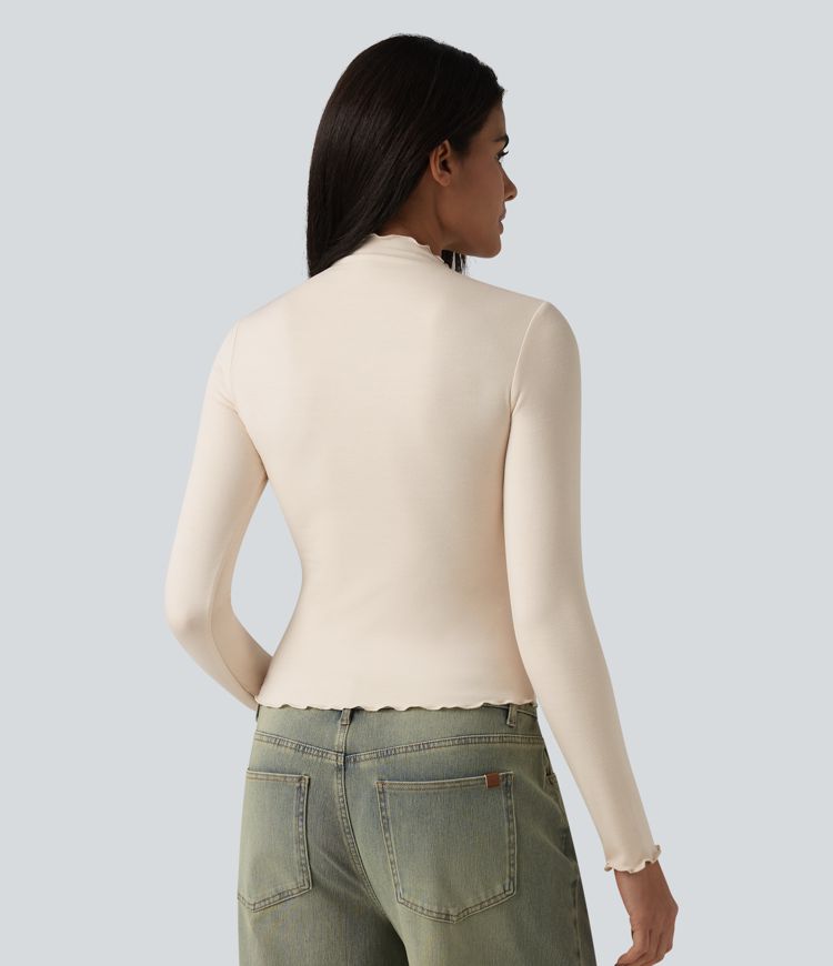 Halara HeatCore Mock-neck Long Sleeve Lettuce Trim Casual Warming Top