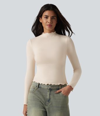 Halara HeatCore Mock-neck Long Sleeve Lettuce Trim Casual Warming Top