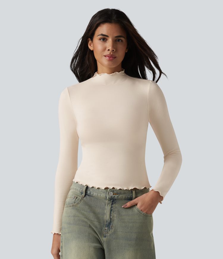Halara HeatCore Mock-neck Long Sleeve Lettuce Trim Casual Warming Top