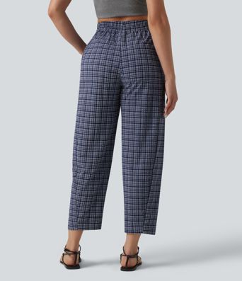 High Waisted Crinkle Plaid Casual Trousers with Pockets