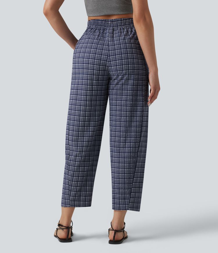 High Waisted Crinkle Plaid Casual Trousers with Pockets
