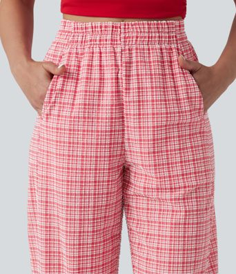 High Waisted Crinkle Plaid Casual Pants with Pockets