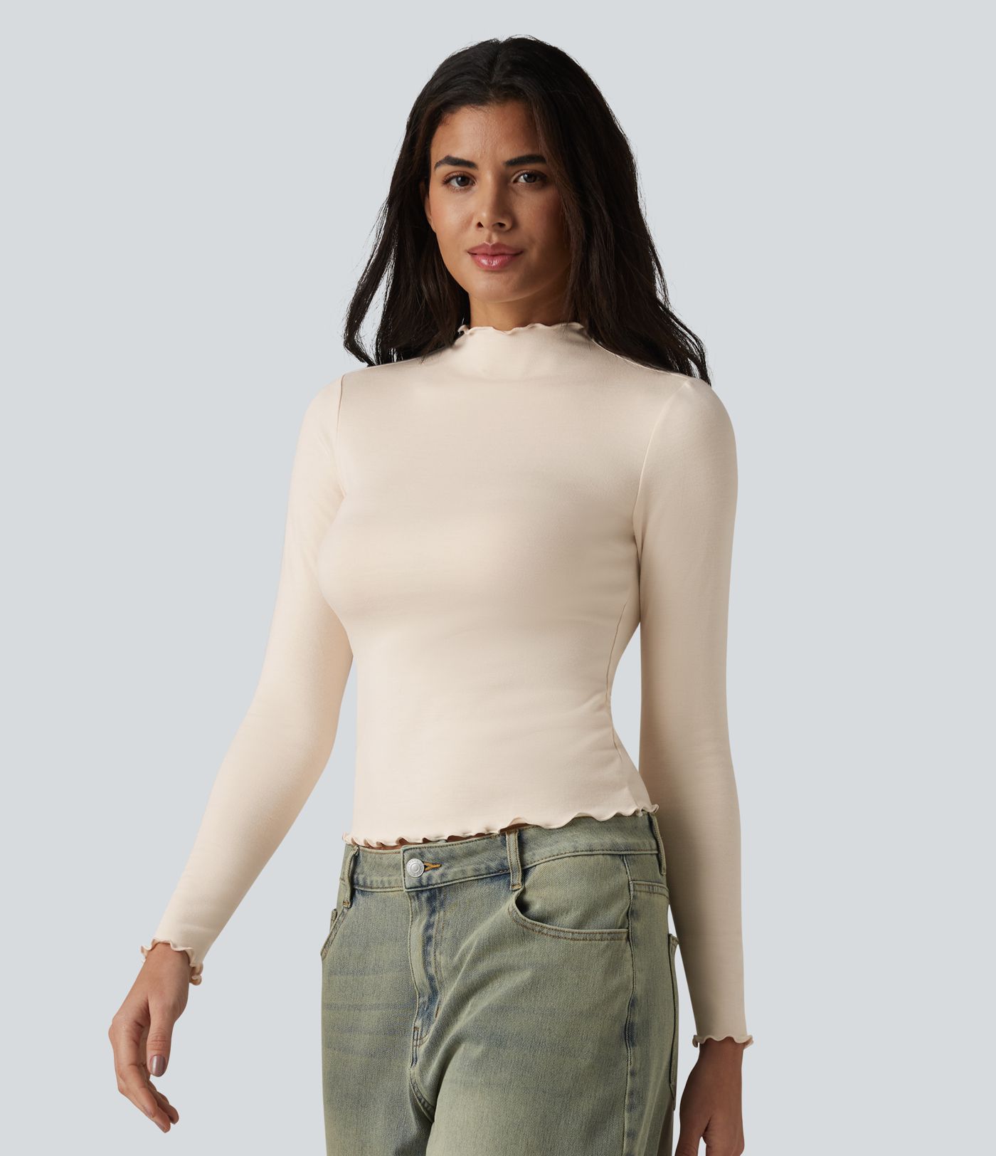 Halara HeatCore Mock-neck Long Sleeve Lettuce Trim Casual Warming Top