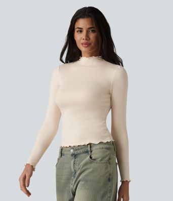 Halara HeatCore Mock-neck Long Sleeve Lettuce Trim Casual Warming Top