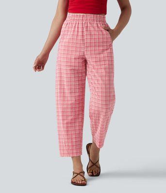 High Waisted Crinkle Plaid Casual Pants with Pockets