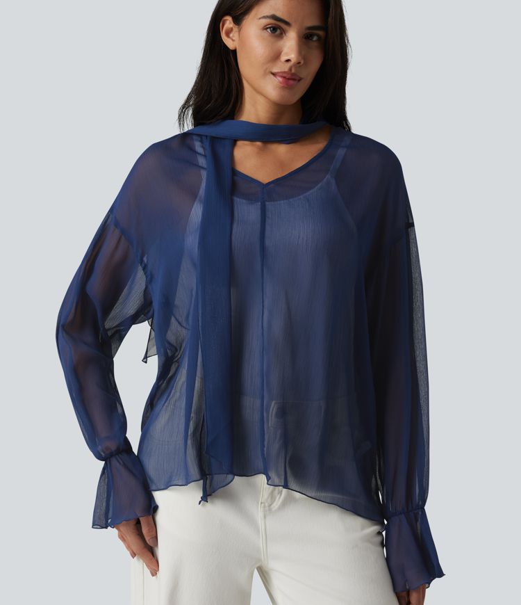 Transparente Langarm-Arbeitsbluse mit V-Ausschnitt