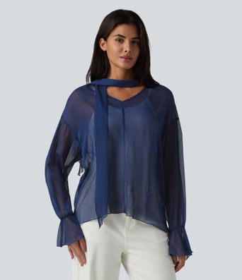 Transparente Langarm-Arbeitsbluse mit V-Ausschnitt