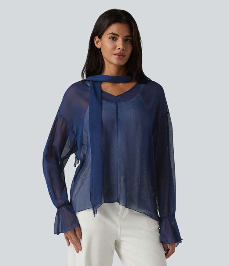 Transparente Langarm-Arbeitsbluse mit V-Ausschnitt