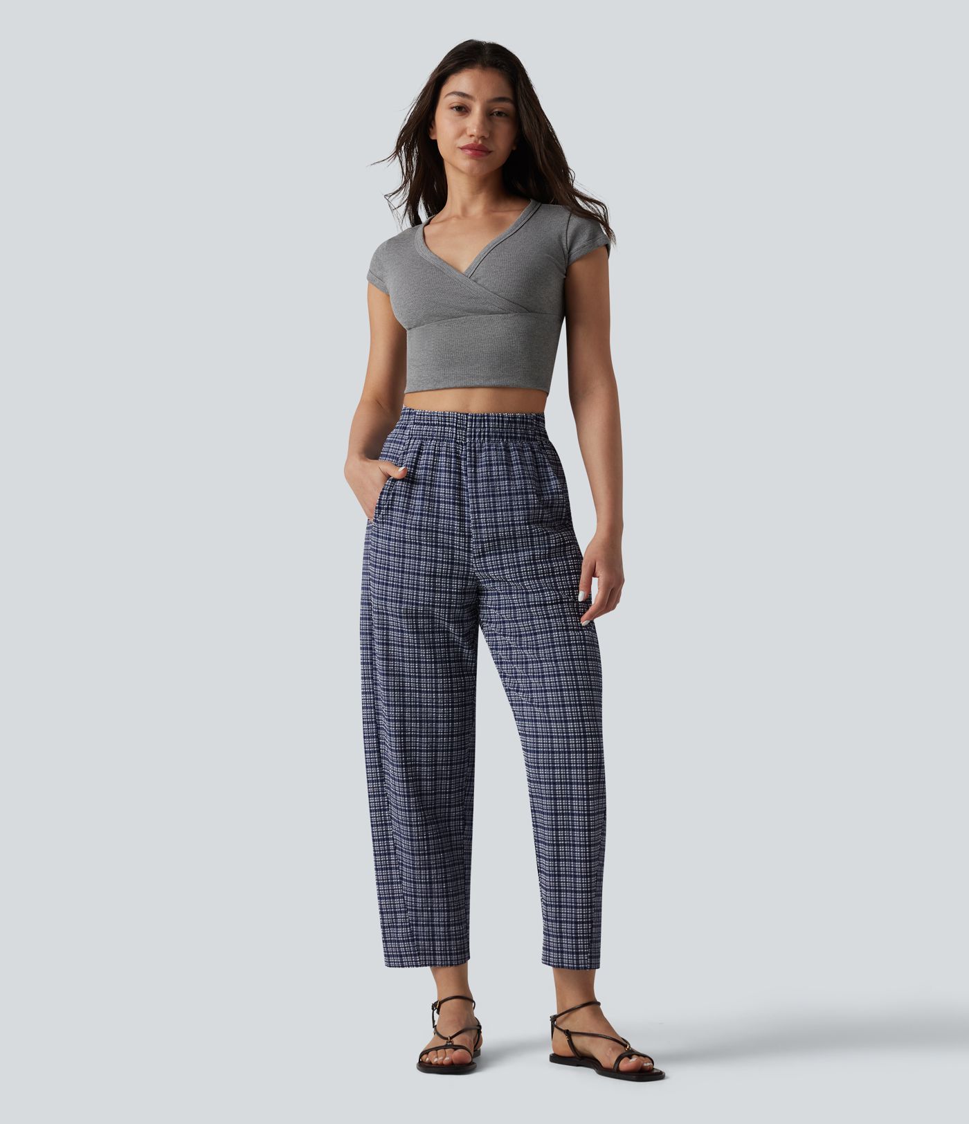 High Waisted Crinkle Plaid Casual Trousers with Pockets