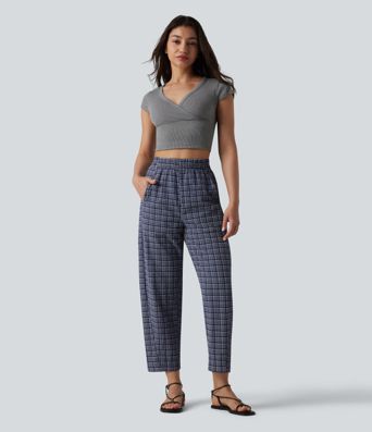 High Waisted Crinkle Plaid Casual Trousers with Pockets