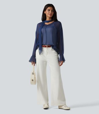 Transparente Langarm-Arbeitsbluse mit V-Ausschnitt