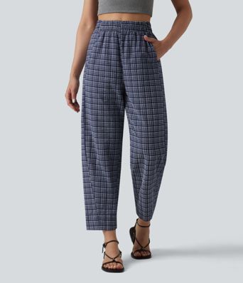 High Waisted Crinkle Plaid Casual Trousers with Pockets