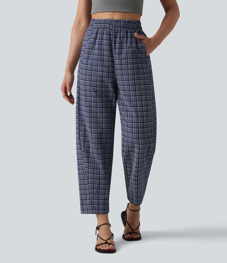 High Waisted Crinkle Plaid Casual Trousers with Pockets