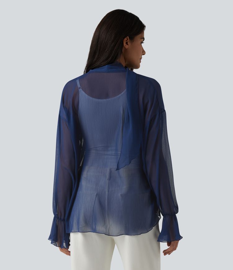 Transparente Langarm-Arbeitsbluse mit V-Ausschnitt