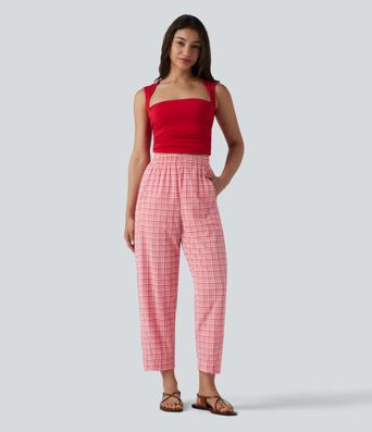 High Waisted Crinkle Plaid Casual Pants with Pockets