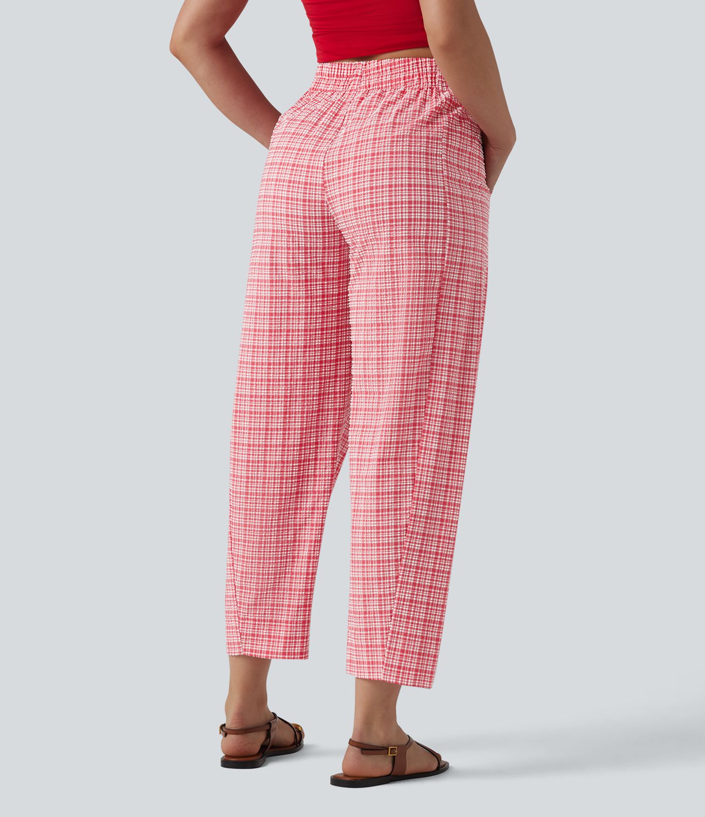 High Waisted Crinkle Plaid Casual Pants with Pockets