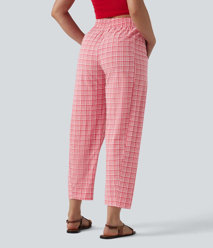 High Waisted Crinkle Plaid Casual Pants with Pockets