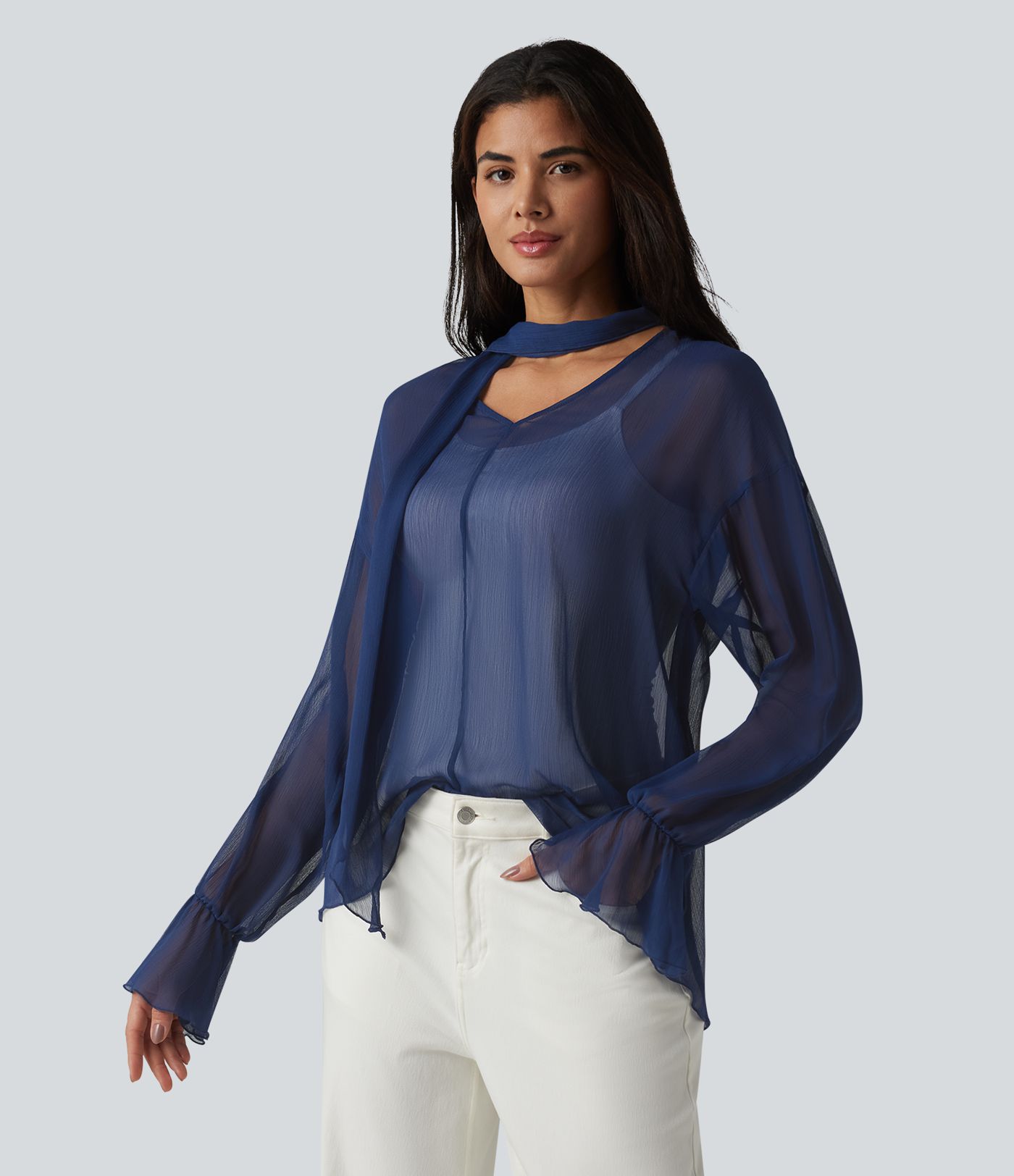 Transparente Langarm-Arbeitsbluse mit V-Ausschnitt