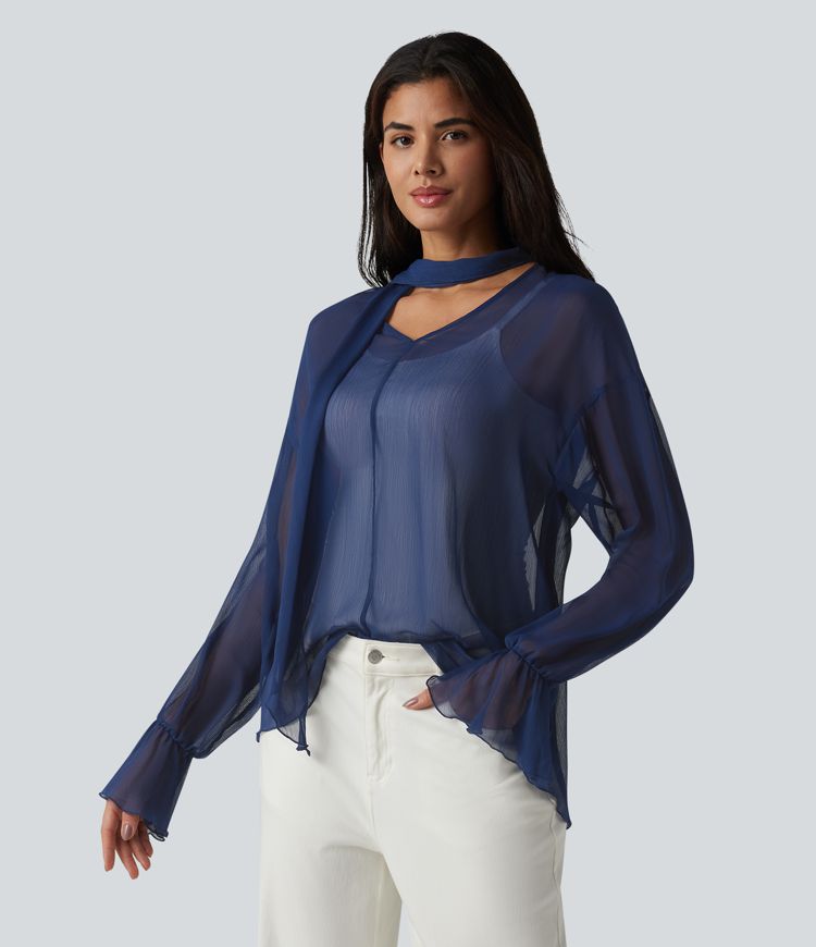 Transparente Langarm-Arbeitsbluse mit V-Ausschnitt