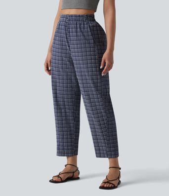 High Waisted Crinkle Plaid Casual Trousers with Pockets