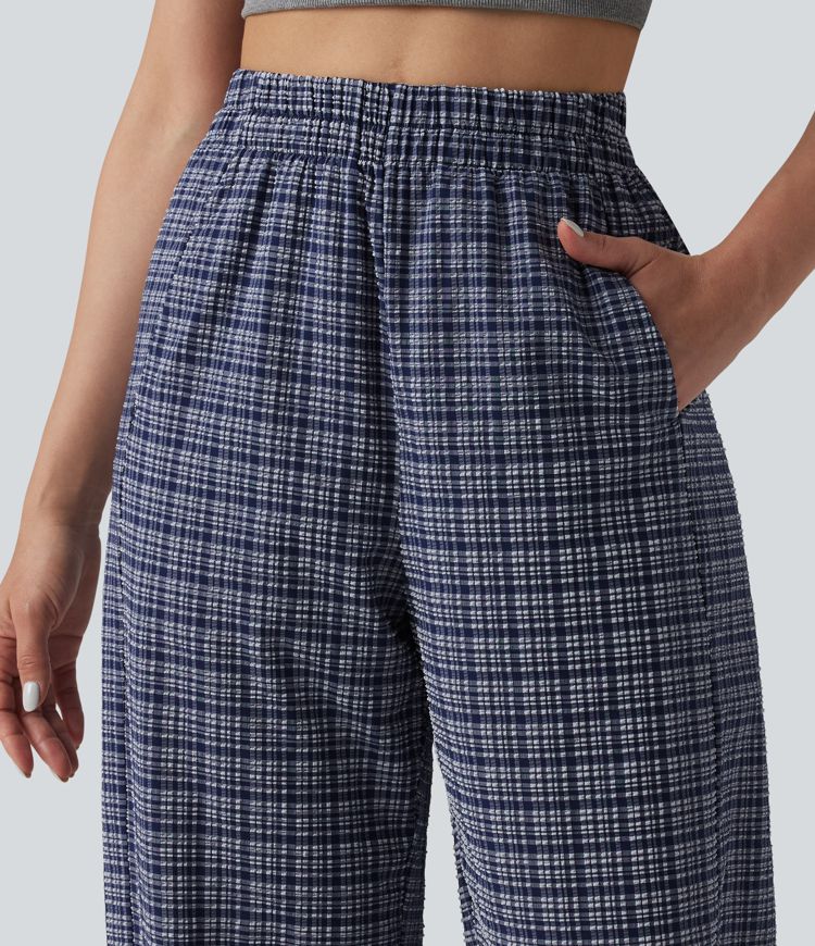 High Waisted Crinkle Plaid Casual Trousers with Pockets