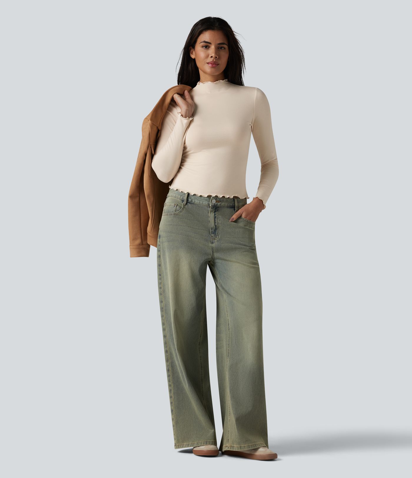 Halara HeatCore Mock-neck Long Sleeve Lettuce Trim Casual Warming Top