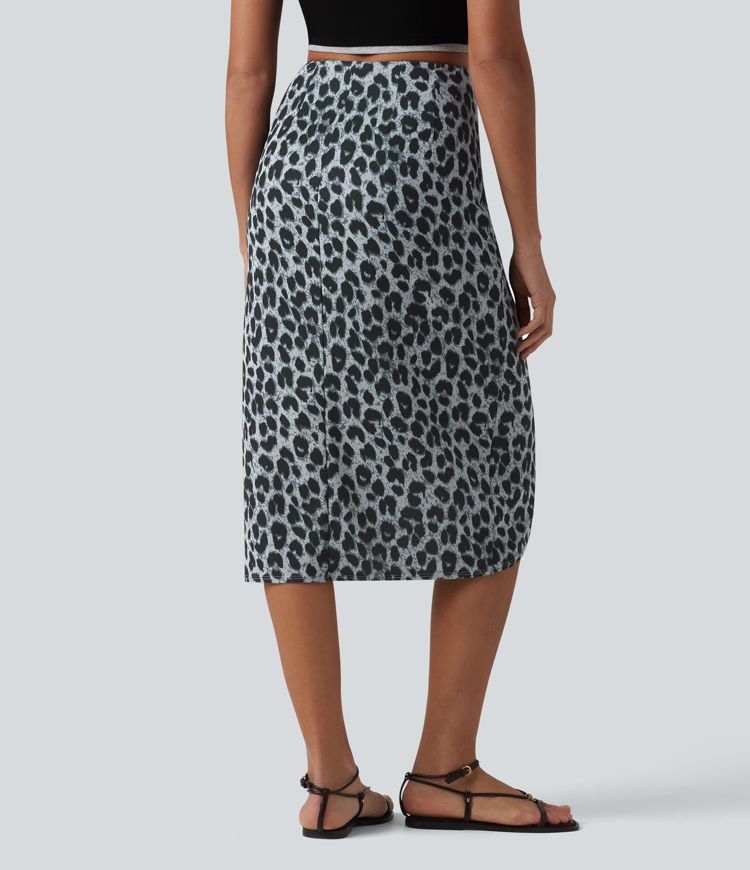 Jupe midi casual tulipe taille haute froncée en tissu gaufré imprimé léopard