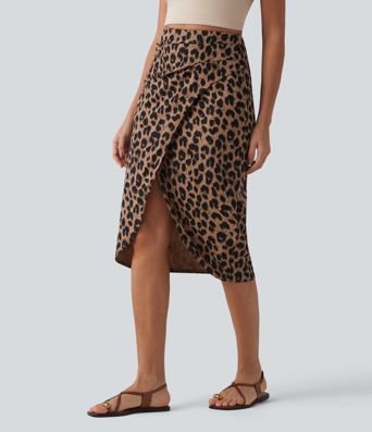 High Waisted Ruched Midi Leopard Print Waffle Casual Tulip Skirt