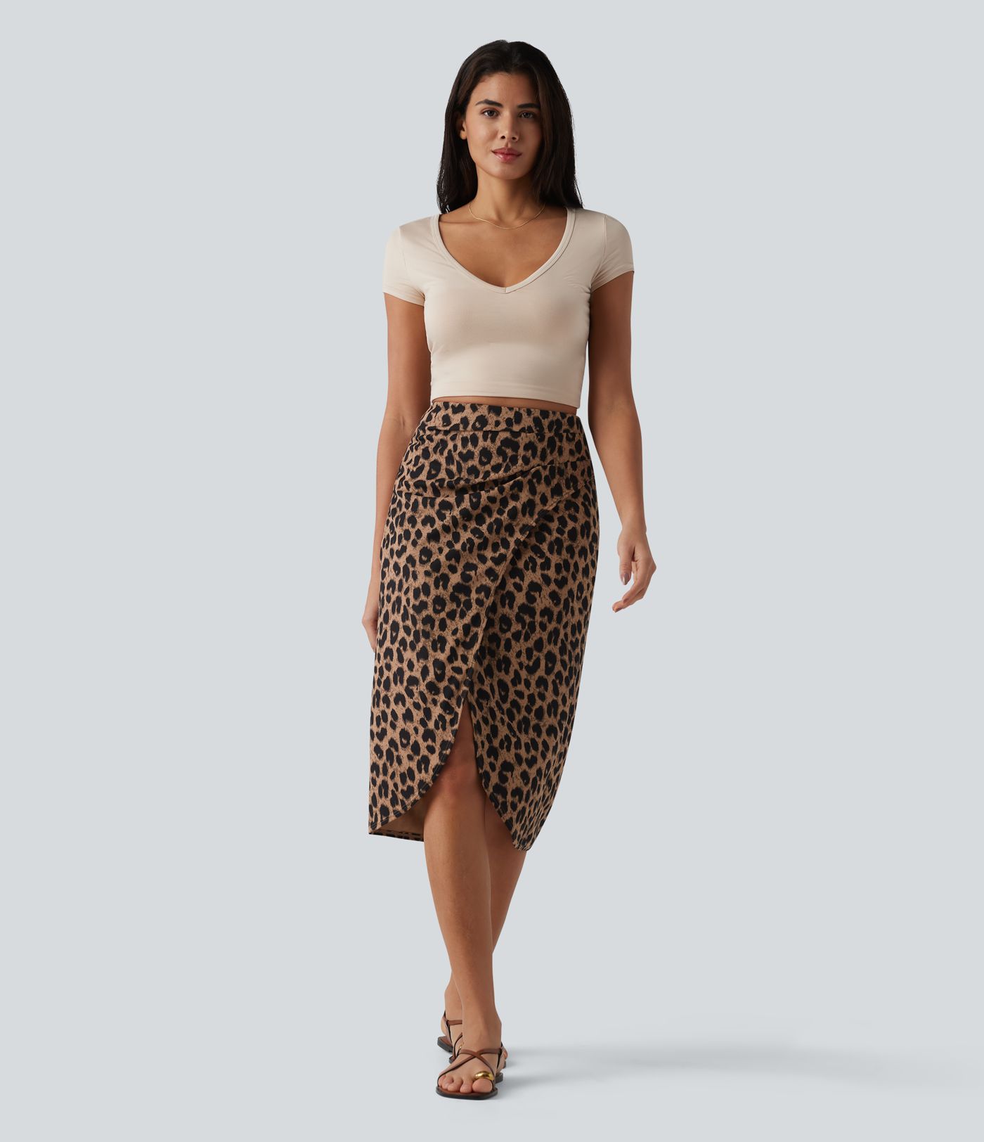 High Waisted Ruched Midi Leopard Print Waffle Casual Tulip Skirt