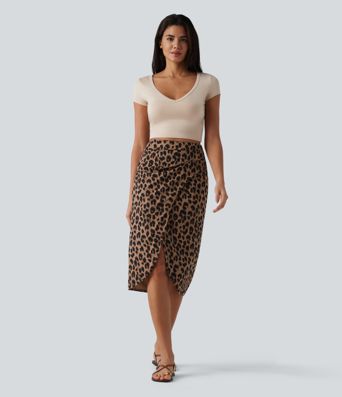 High Waisted Ruched Midi Leopard Print Waffle Casual Tulip Skirt