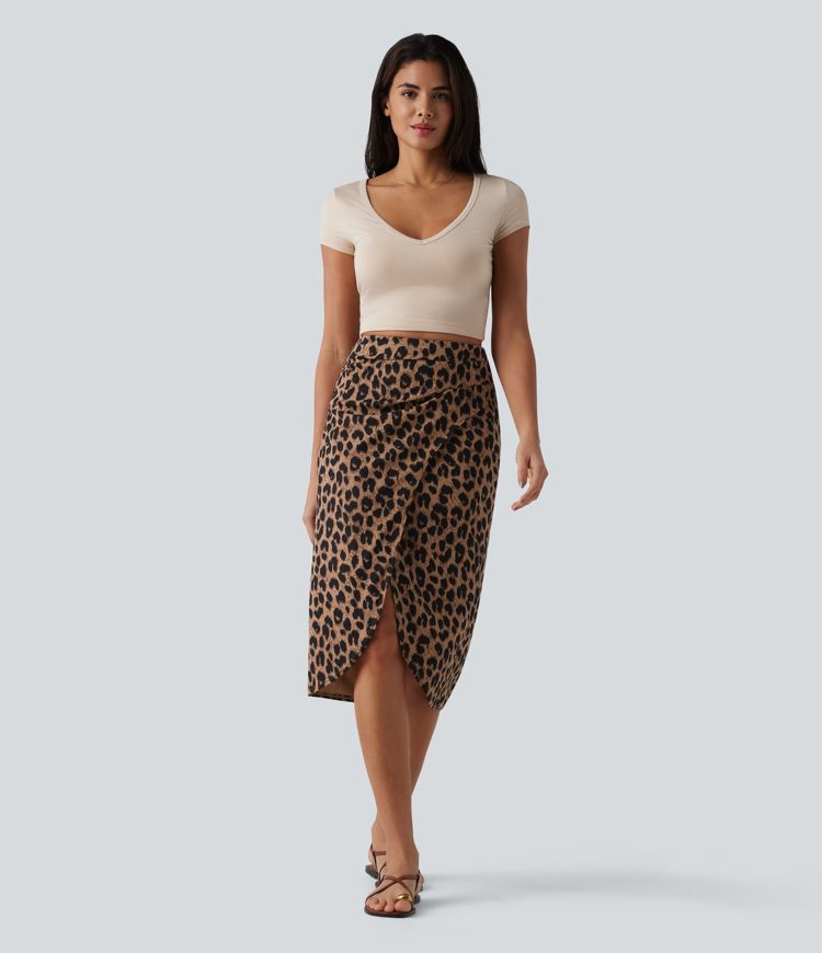 High Waisted Ruched Midi Leopard Print Waffle Casual Tulip Skirt